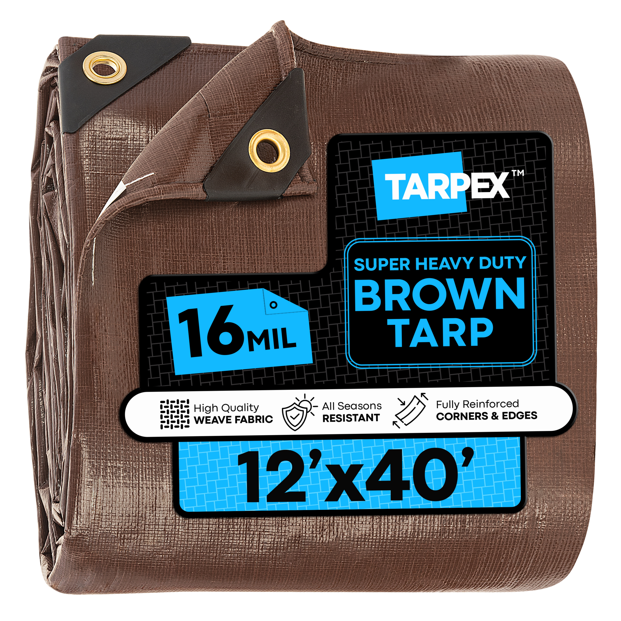 TARPEX 12' x 40' Brown Super Heavy-Duty 16 Mil Poly Tarp – Waterproof, UV-Treated, Reinforced Edges, Aluminum Grommets